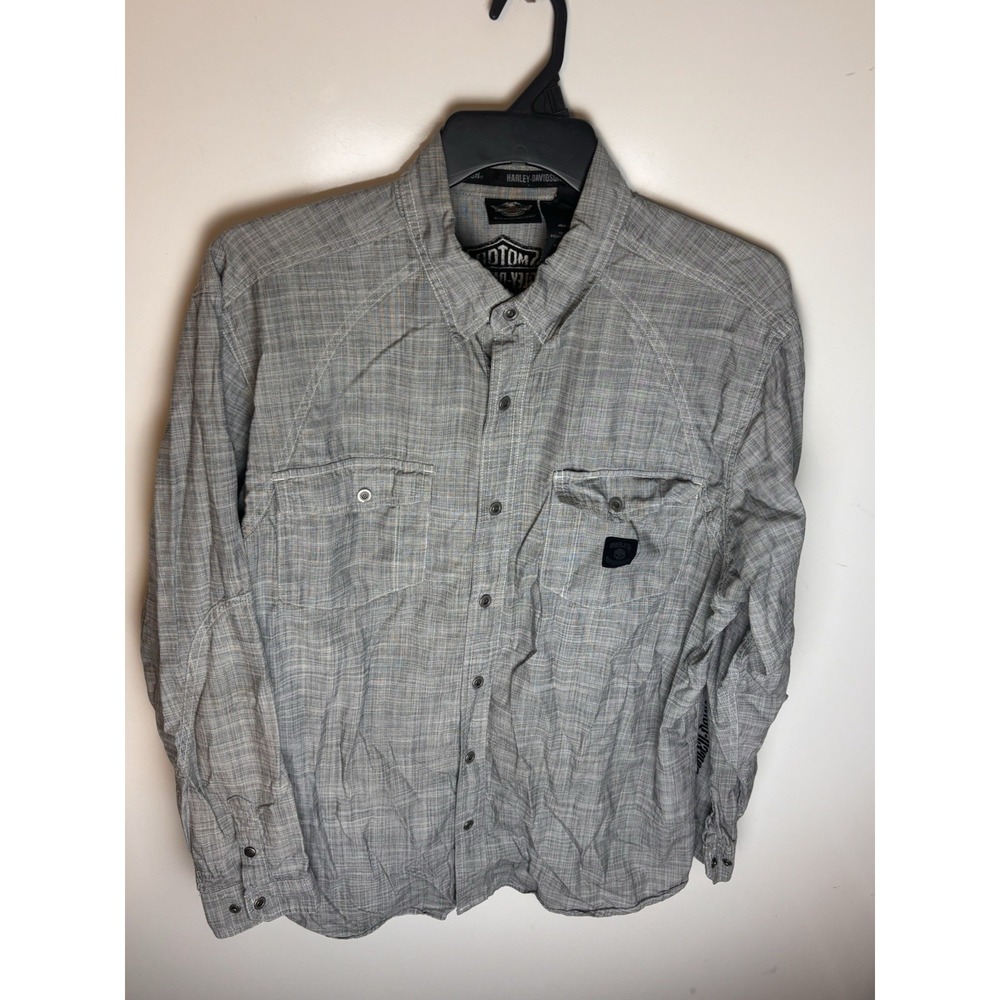 Harley Davidson Patent Dates Gray Long Sleeve Snap Front Shirt Men's XL TALL